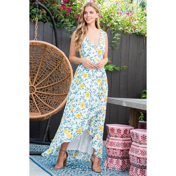 LAST 3️⃣ WHITE YELLOW GREEN FLORAL RUFFLE DETAIL LONG BACK DRESS - Picture 4 of 7